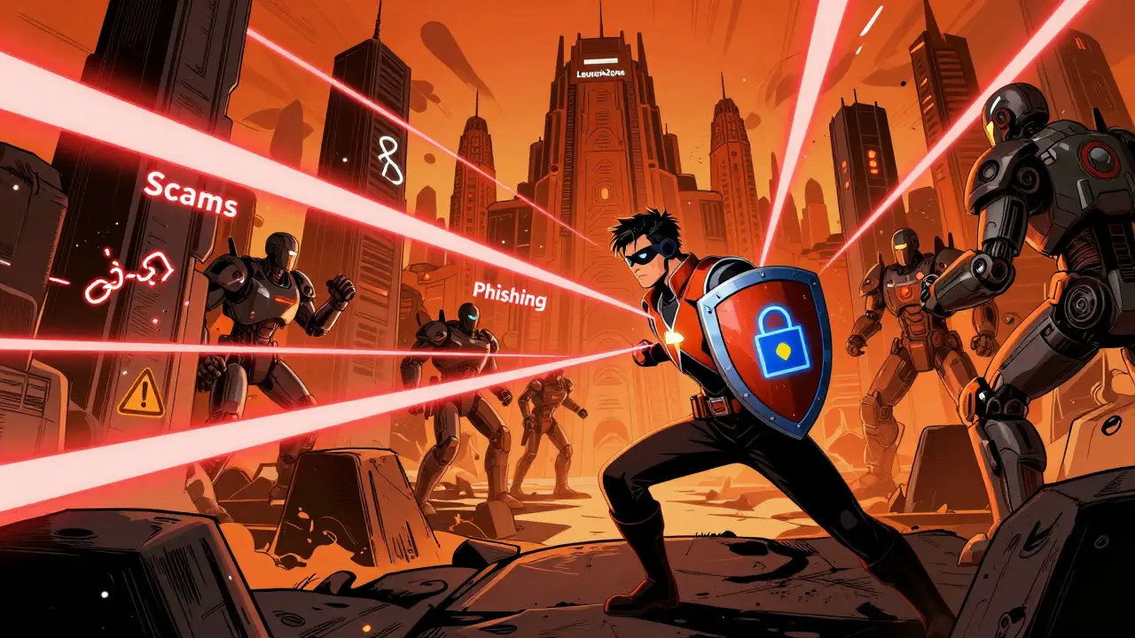 Hero dodging scam lasers in Marvel comic style DeFi scene