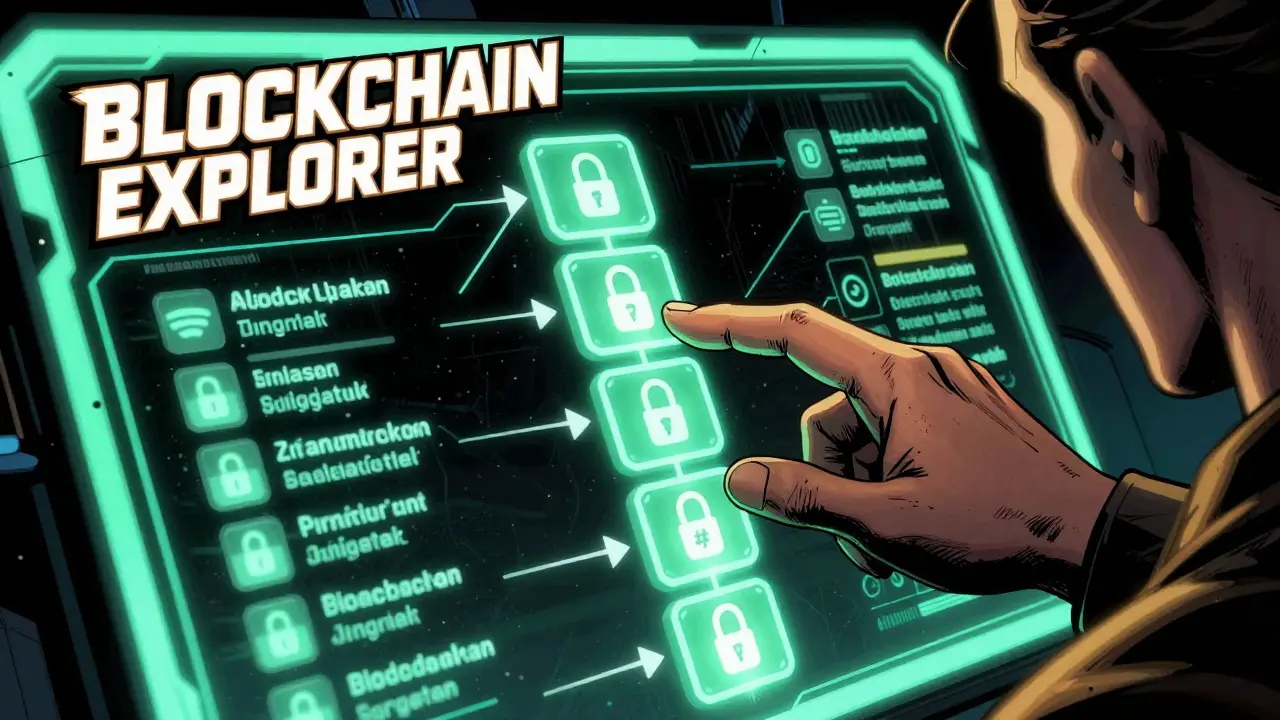 Hero verifying NFT ownership history on a glowing blockchain chain interface