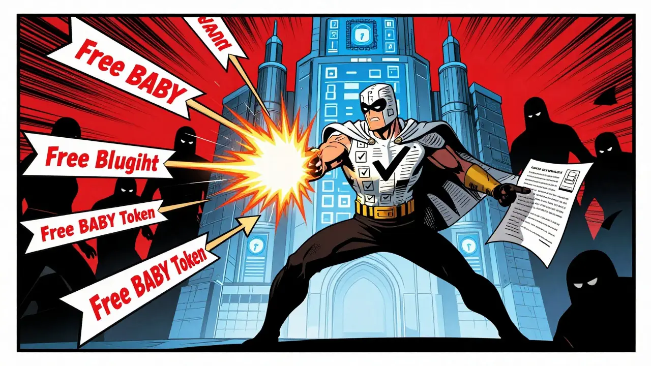 Heroic figure defending against crypto scam arrows