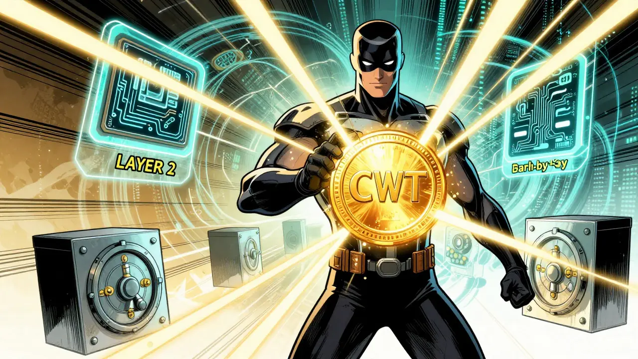 Heroic figure holding glowing CWT token with cashback energy beams