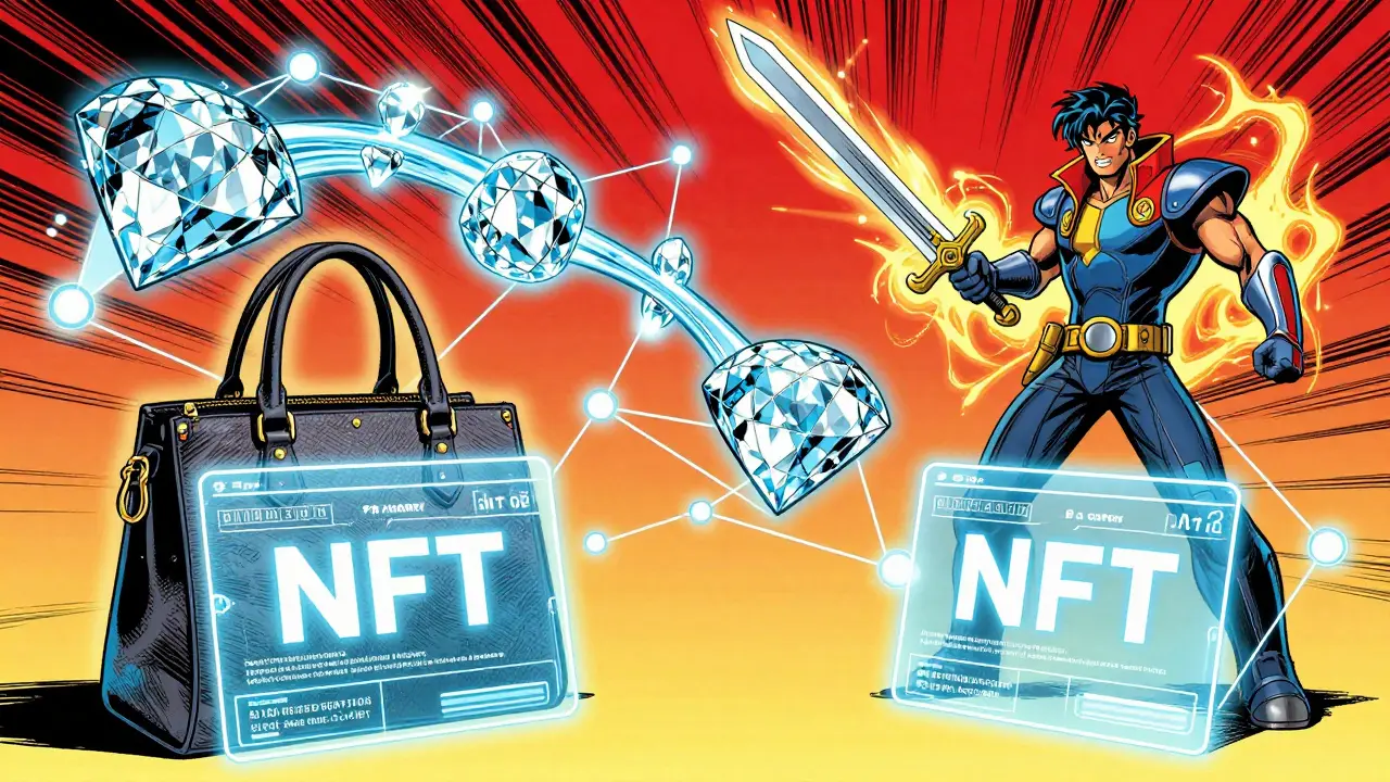 Holographic NFT twins tracking luxury goods, diamonds, and game items