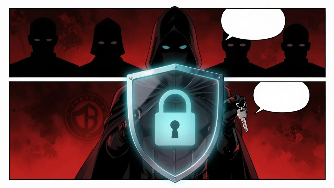 Hooded figure protected by a privacy shield against surveillance in comic art style.