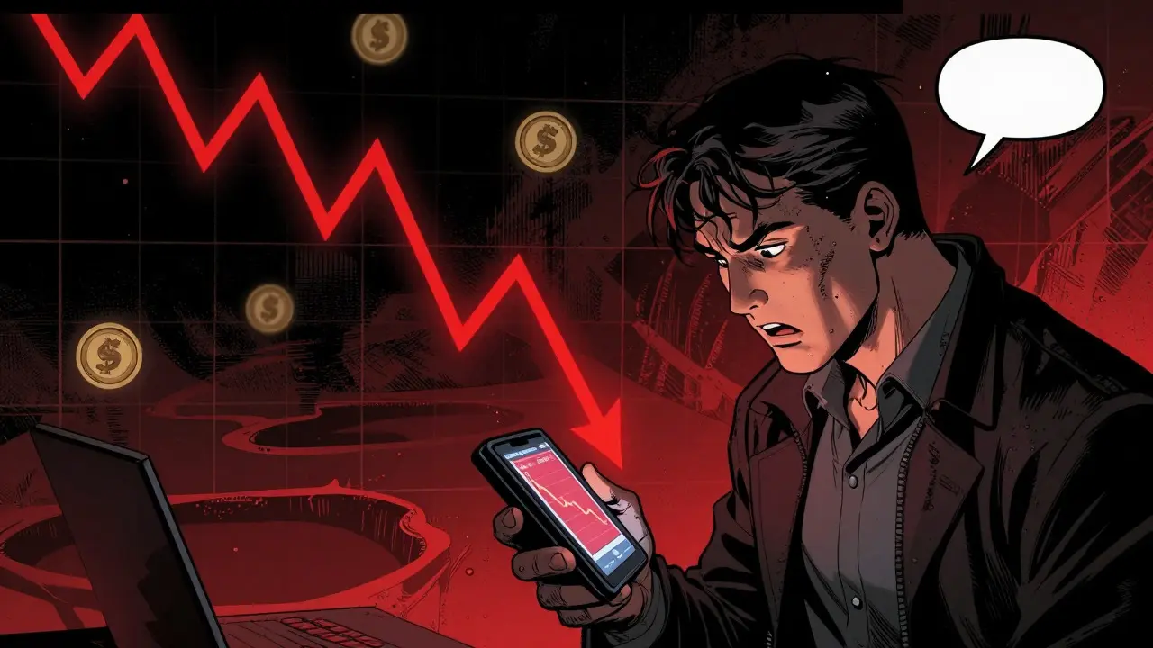 Investor watching crashing crypto graph in dark comic book panel