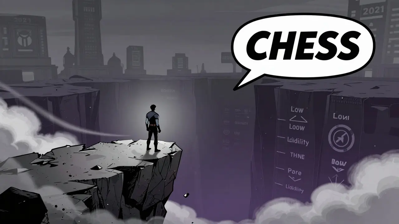 Lone CHESS token hero standing on a cliff edge amidst a desolate market landscape.