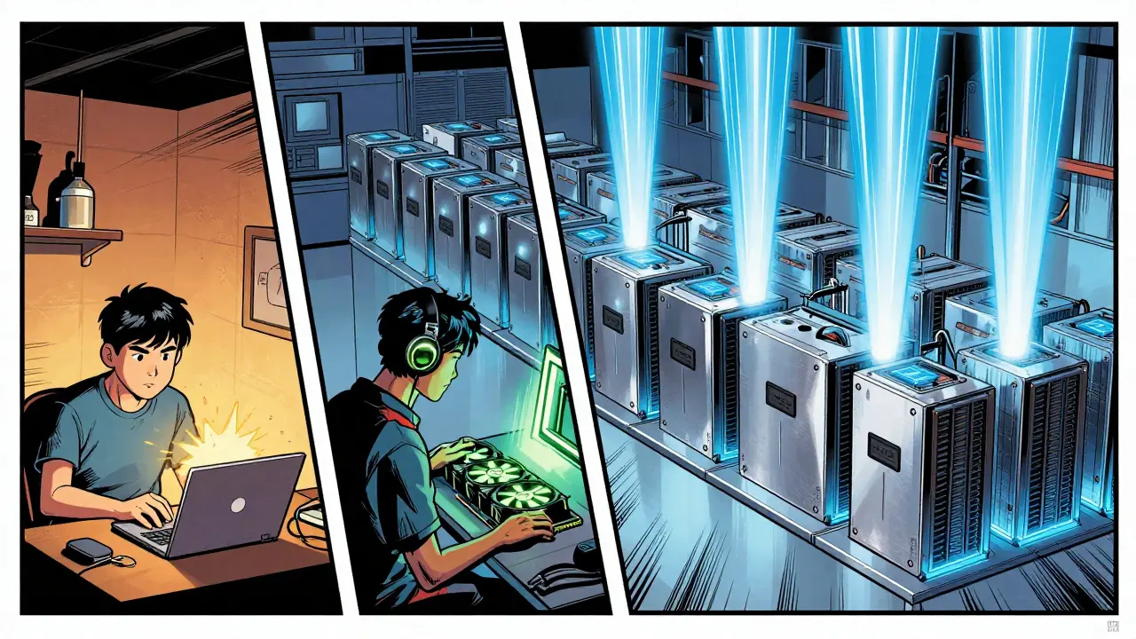 Marvel style evolution of Bitcoin mining from laptops to industrial ASIC farms