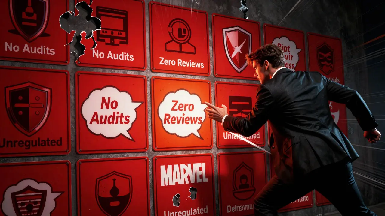 Marvel style image of trader facing warning signs about no audits and zero reviews.