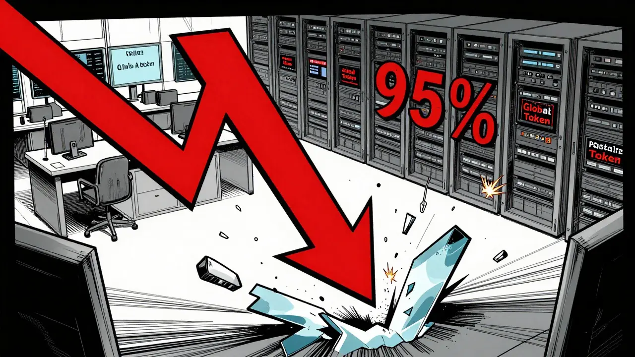 Plummeting red arrow crashing through glass floor