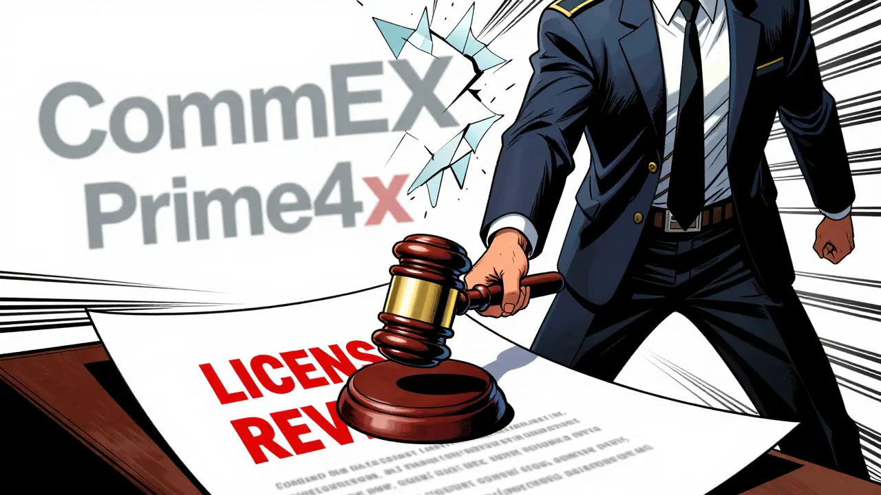Regulator revoking license with shattered scam logos