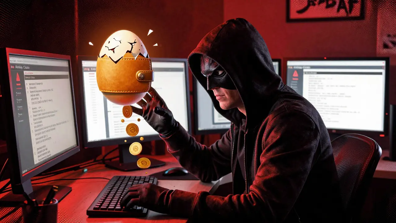 Sinister hacker stealing from a digital wallet via fake airdrop site
