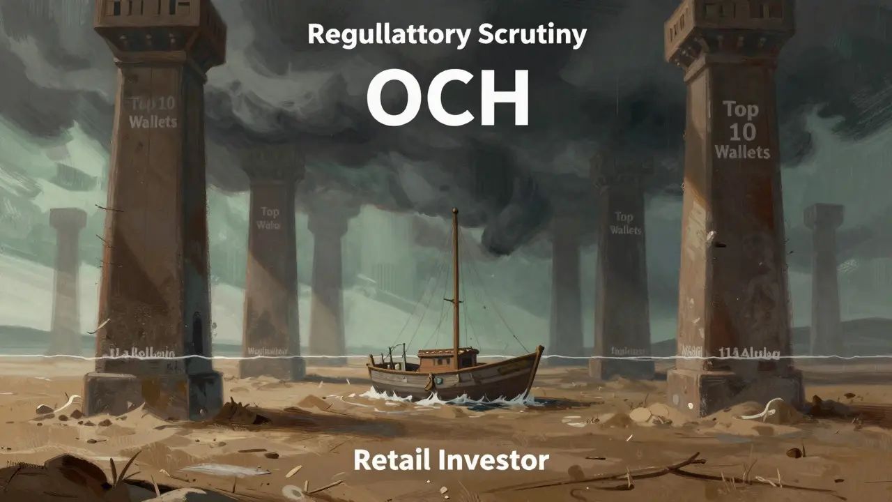 Small boat stranded in dry ocean surrounded by large wallet pillars
