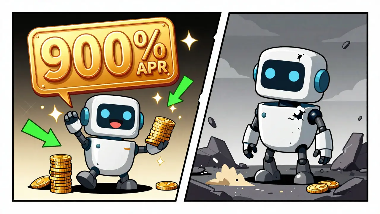 Split screen showing hype vs reality of crypto yields in comic style