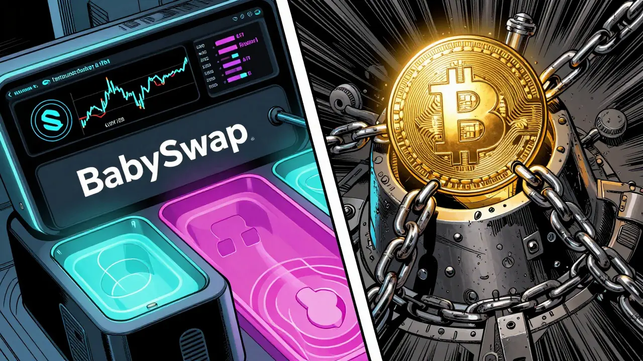 Split view contrasting BabySwap DEX and Babylon staking tech