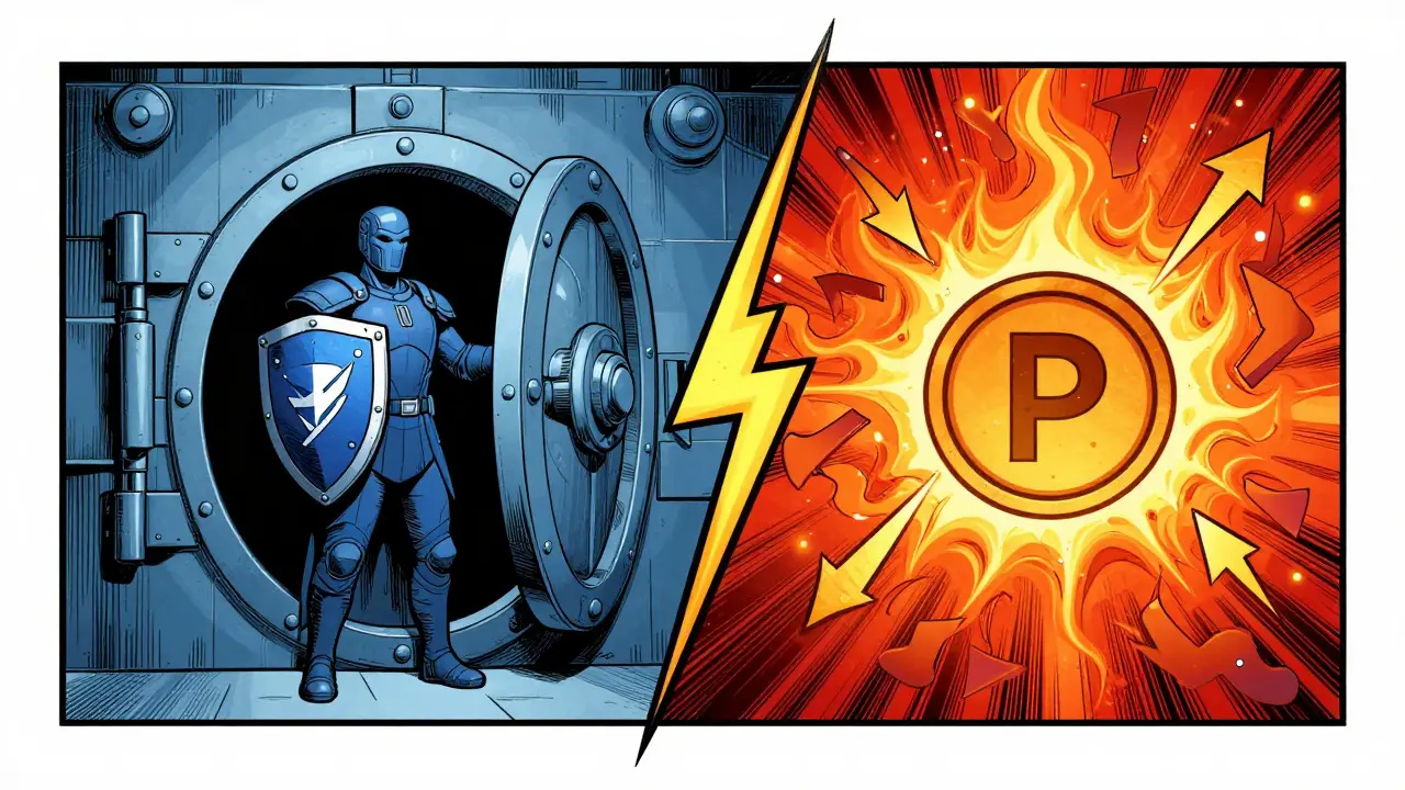 Split view contrasting blue Pera Wallet vault with red Pera Finance chaos.