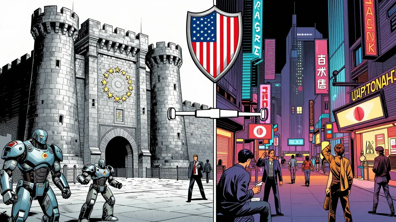 Split view of strict EU fortress and bustling Asian crypto streets