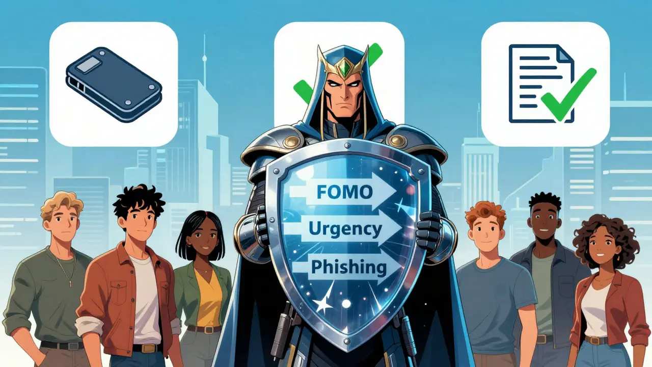 Superhero shielding users from phishing scams and FOMO in comic book style