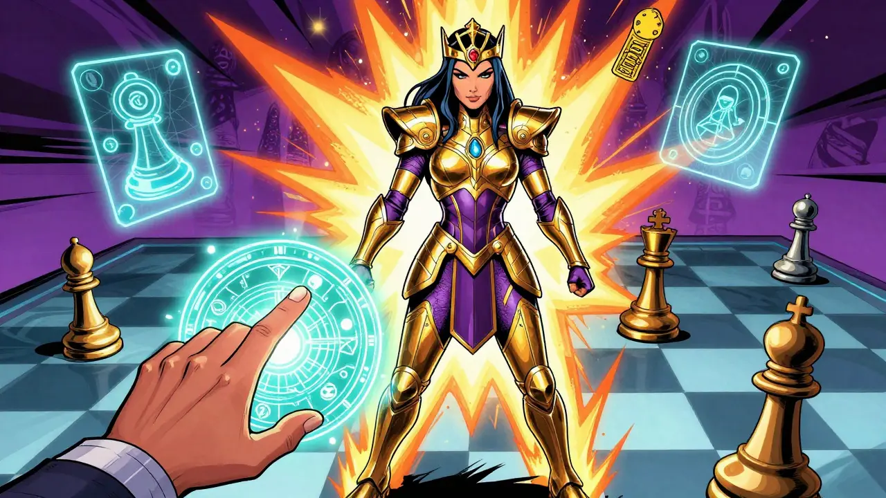 Superhero-style QUEEN token figure overseeing blockchain smart contract interactions.
