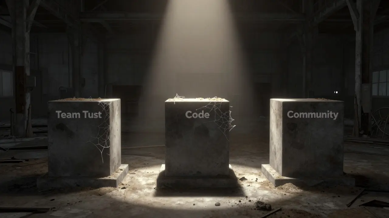 Three empty dusty pedestals in abandoned warehouse