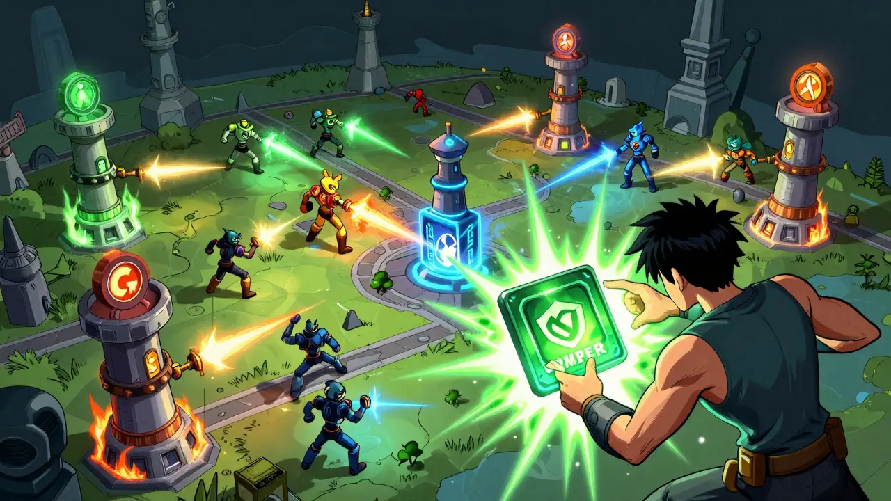Tower defense game battle with NFT fusion effects in Marvel comic art