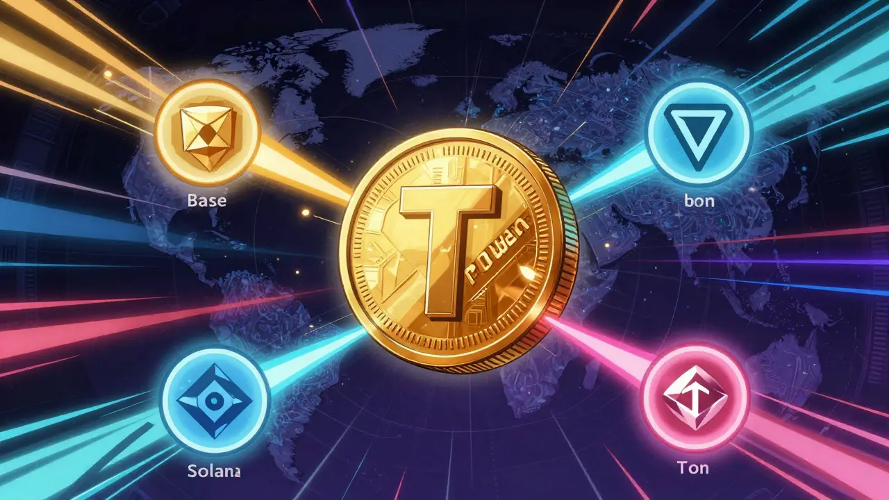 TOWER token connected to multiple blockchain networks in comic style