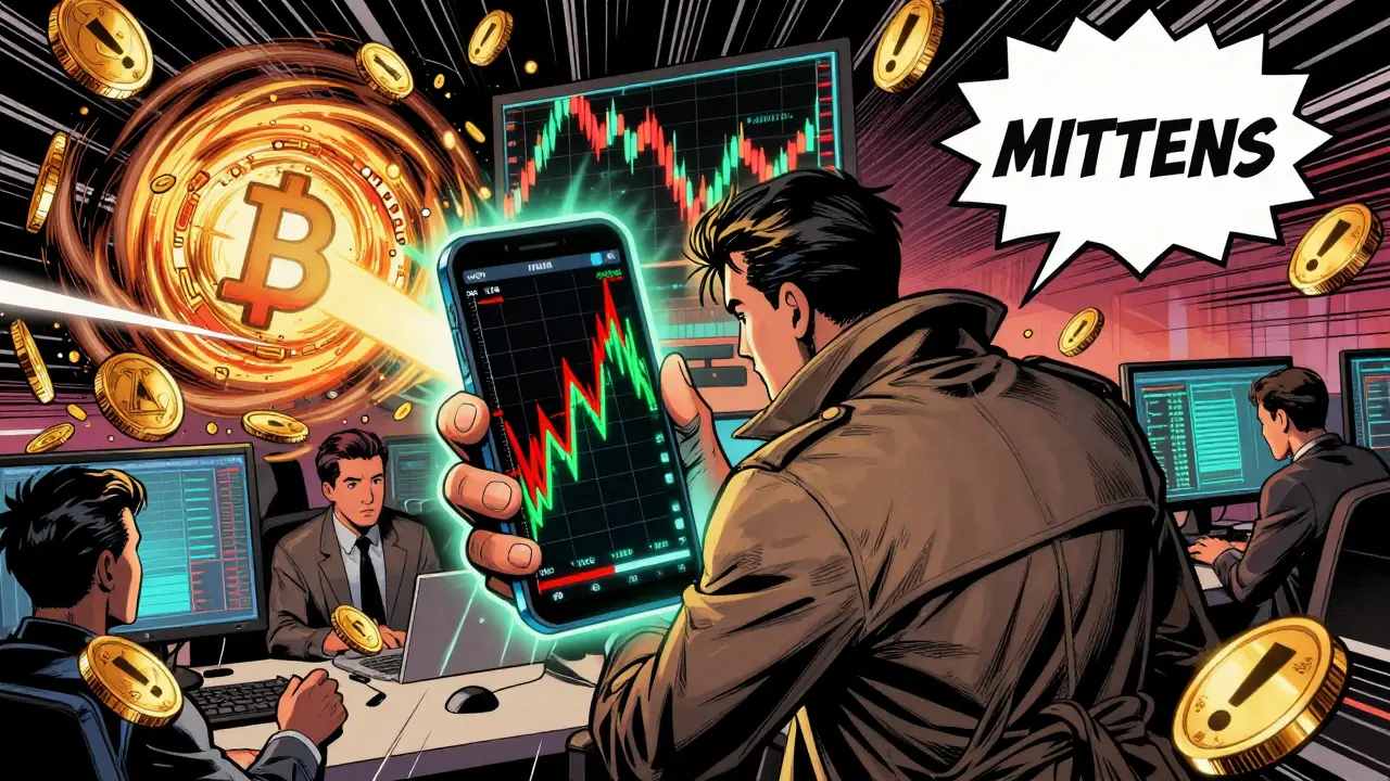 Trader holding phone with volatile crypto charts in chaotic comic scene