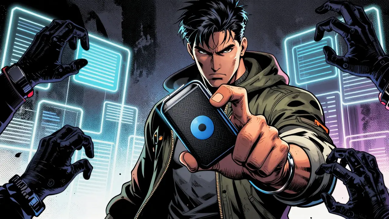 Trader protecting wallet from digital threats in comic book art