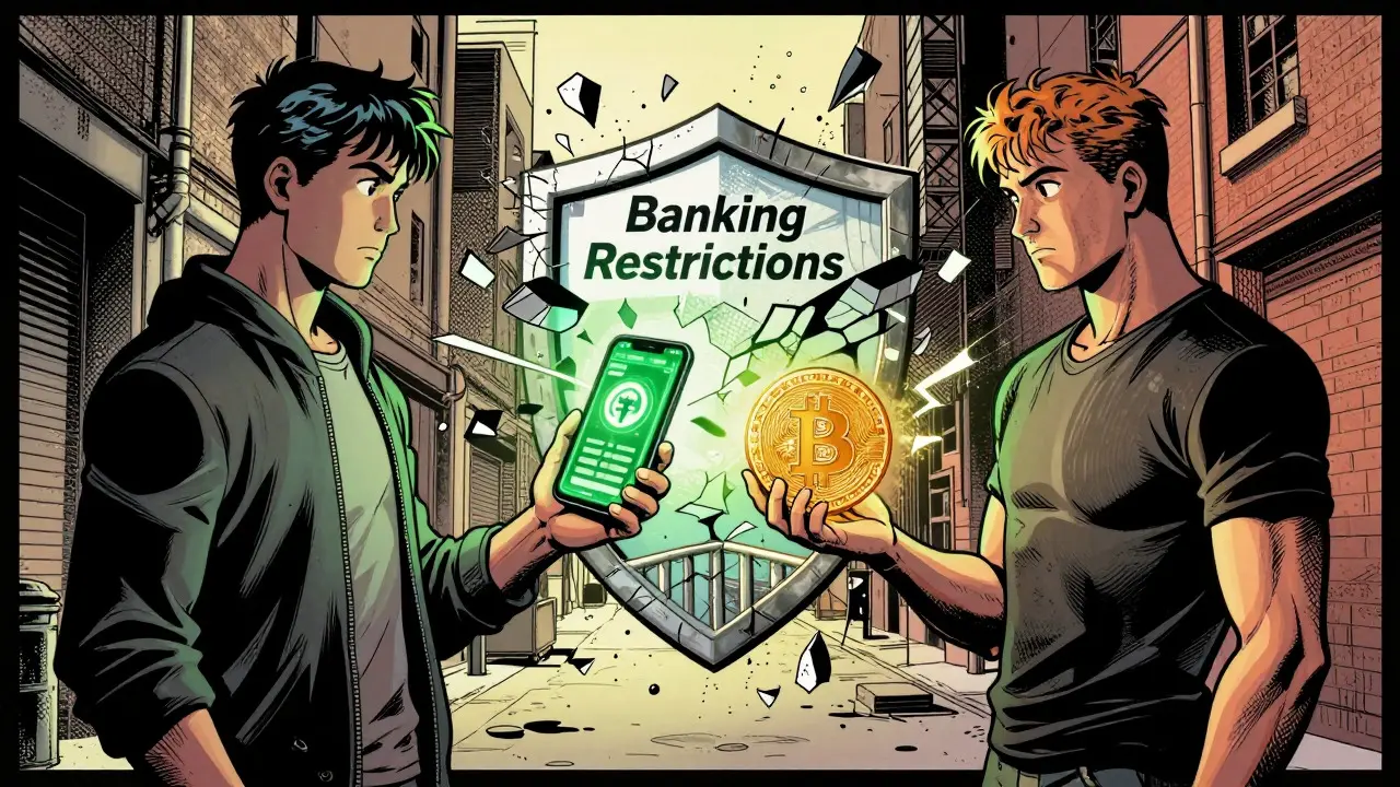 Two people exchanging crypto via mobile wallets, breaking banking barriers