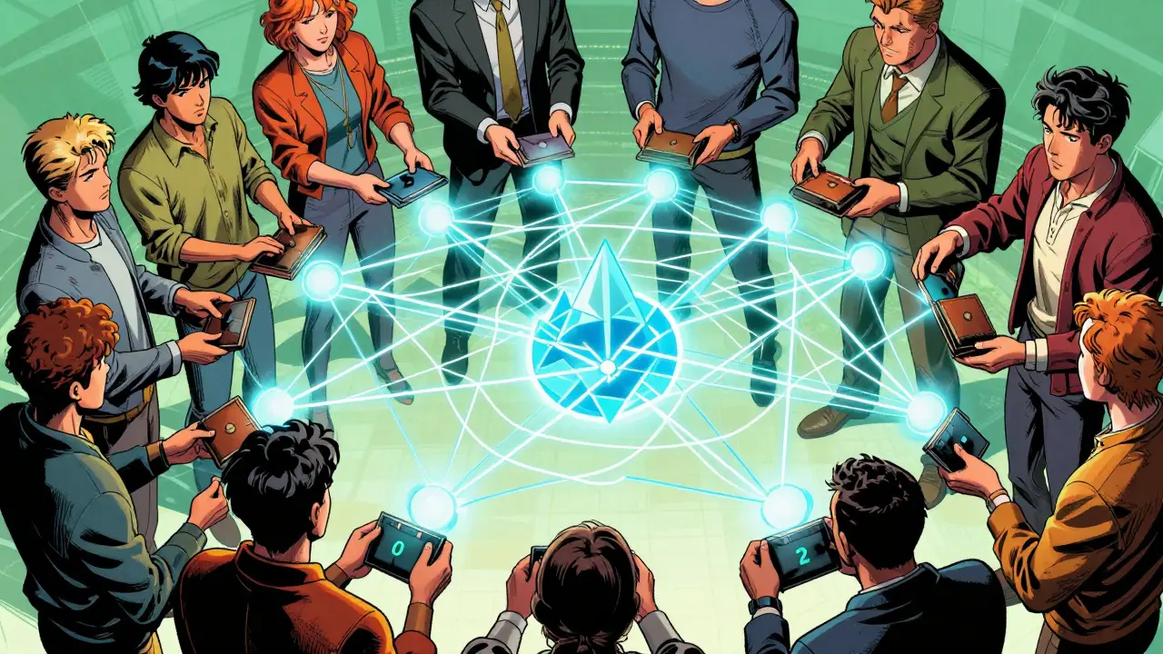 Users connecting to decentralized network bridges in comic style