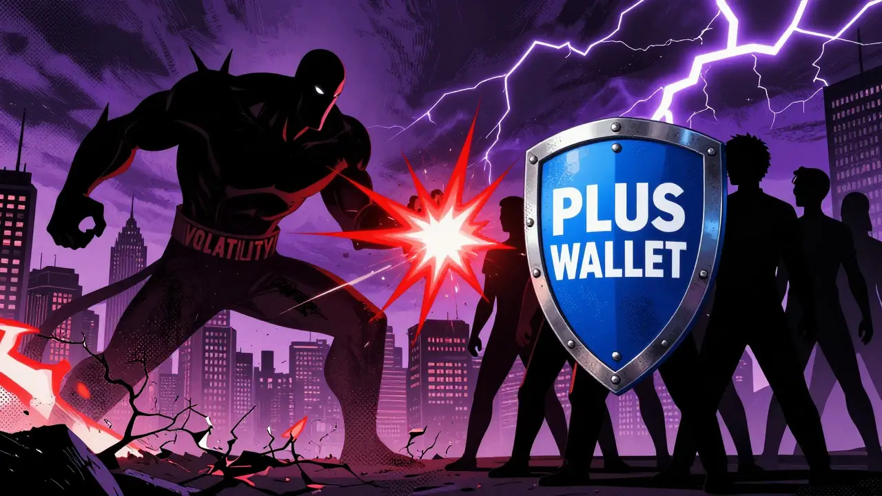 Users defending against volatility with Plus Wallet shield in comic style