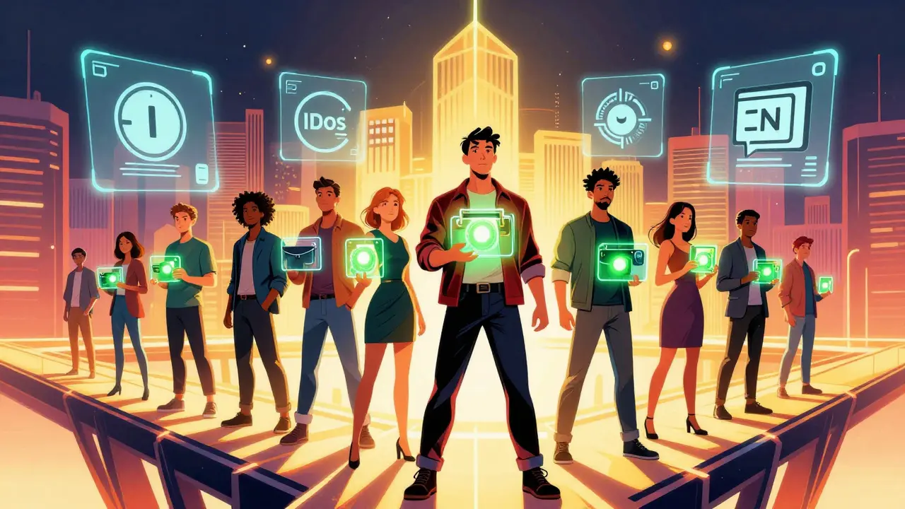 Users safely navigating blockchain bridge towards futuristic city