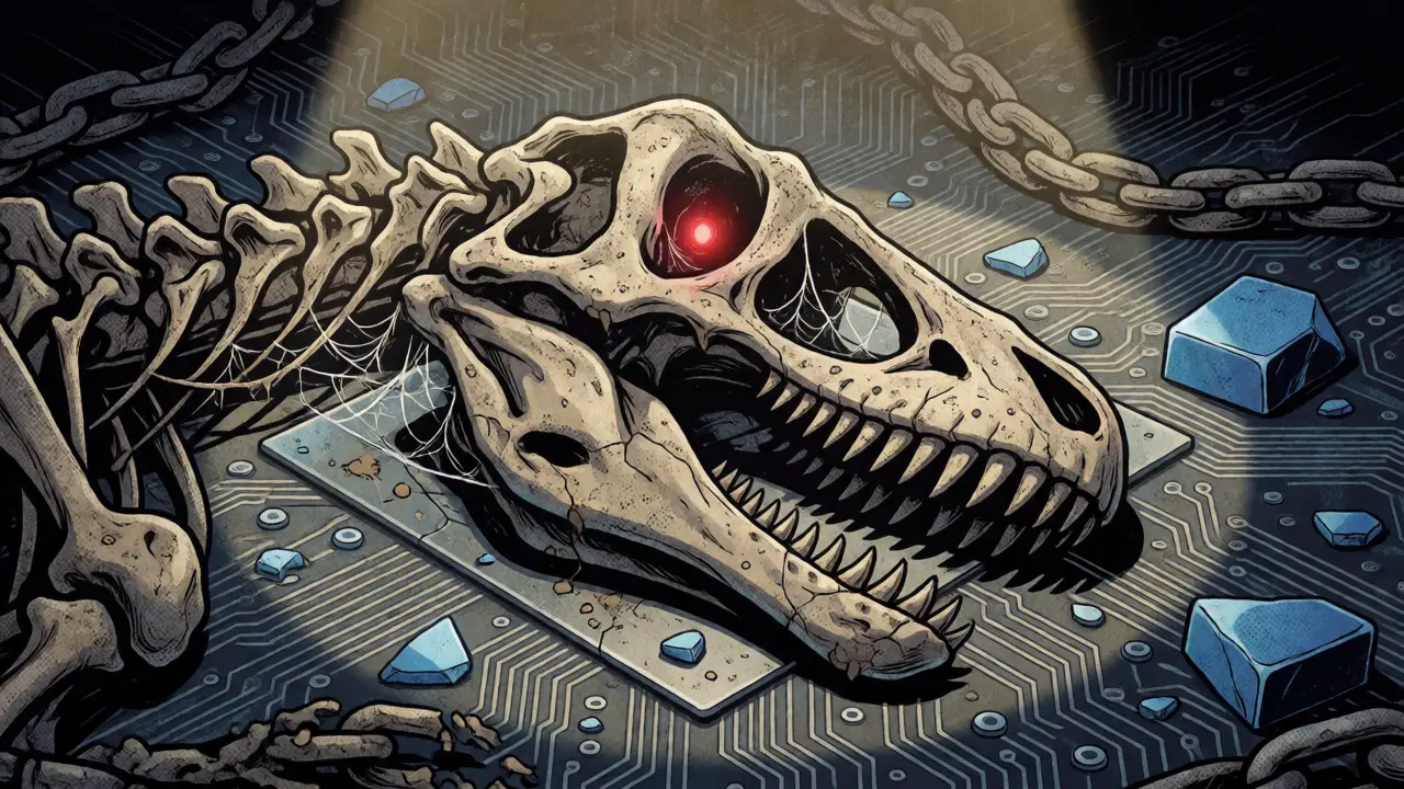 A fossilized dinosaur skeleton on a circuit board, representing the abandoned and risky nature of the project.