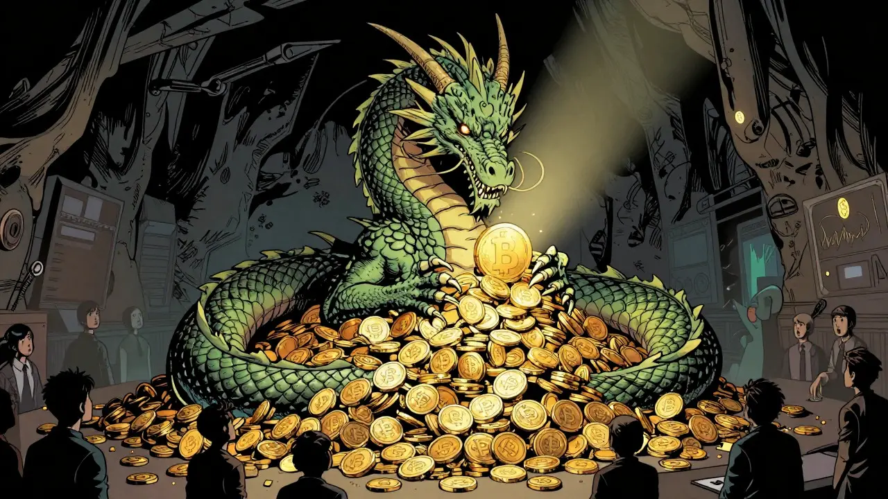 A giant dragon hoarding a mountain of gold coins in a dark cavern