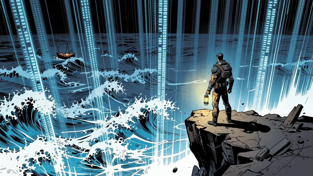 A lone figure on a cliff overlooking a turbulent ocean of digital data