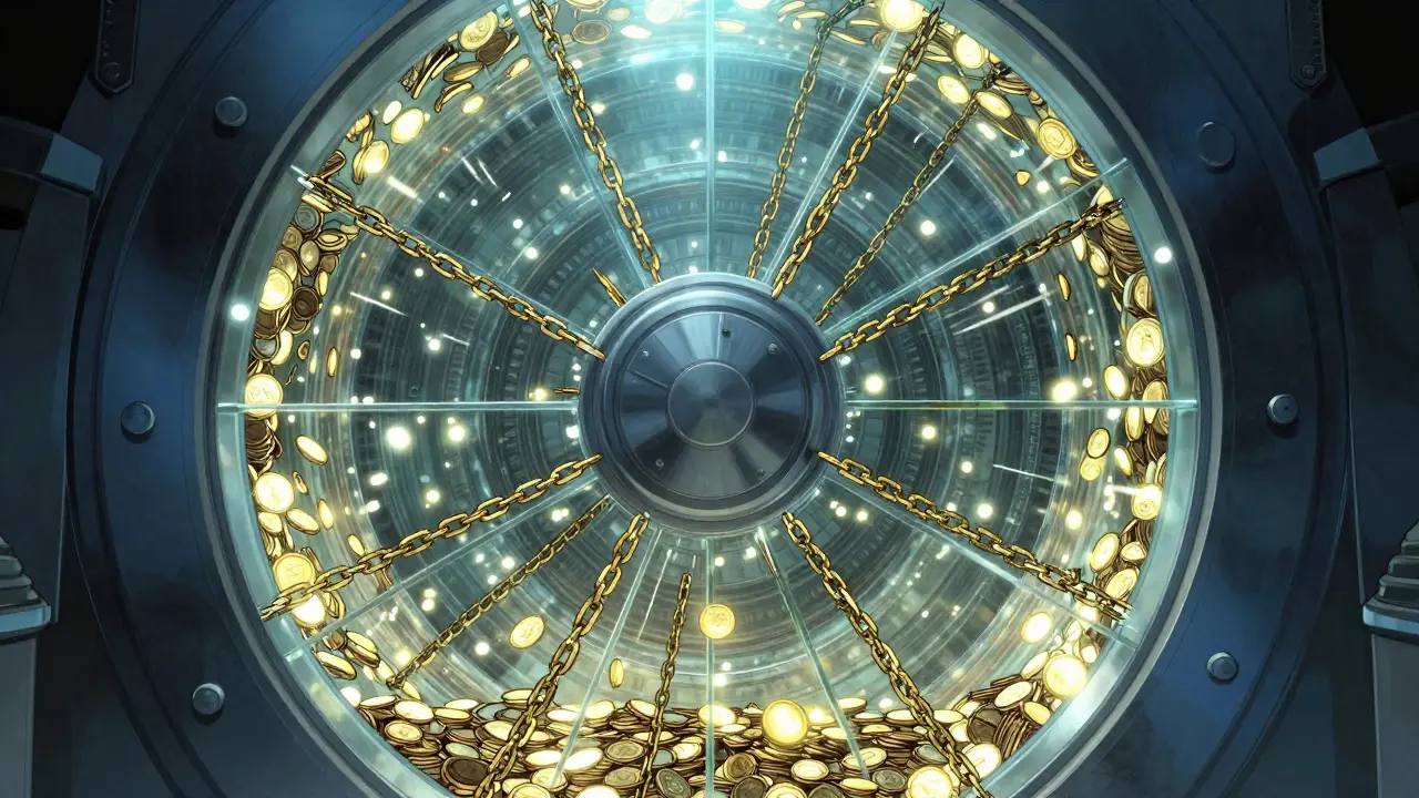 A massive vault containing locked coins with only a few active ones visible