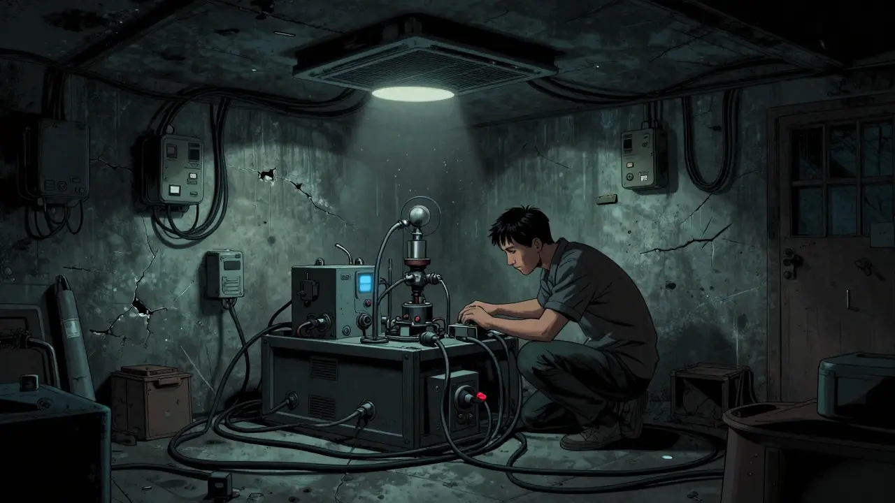 A secretive underground crypto mining setup hidden in a dark residential basement