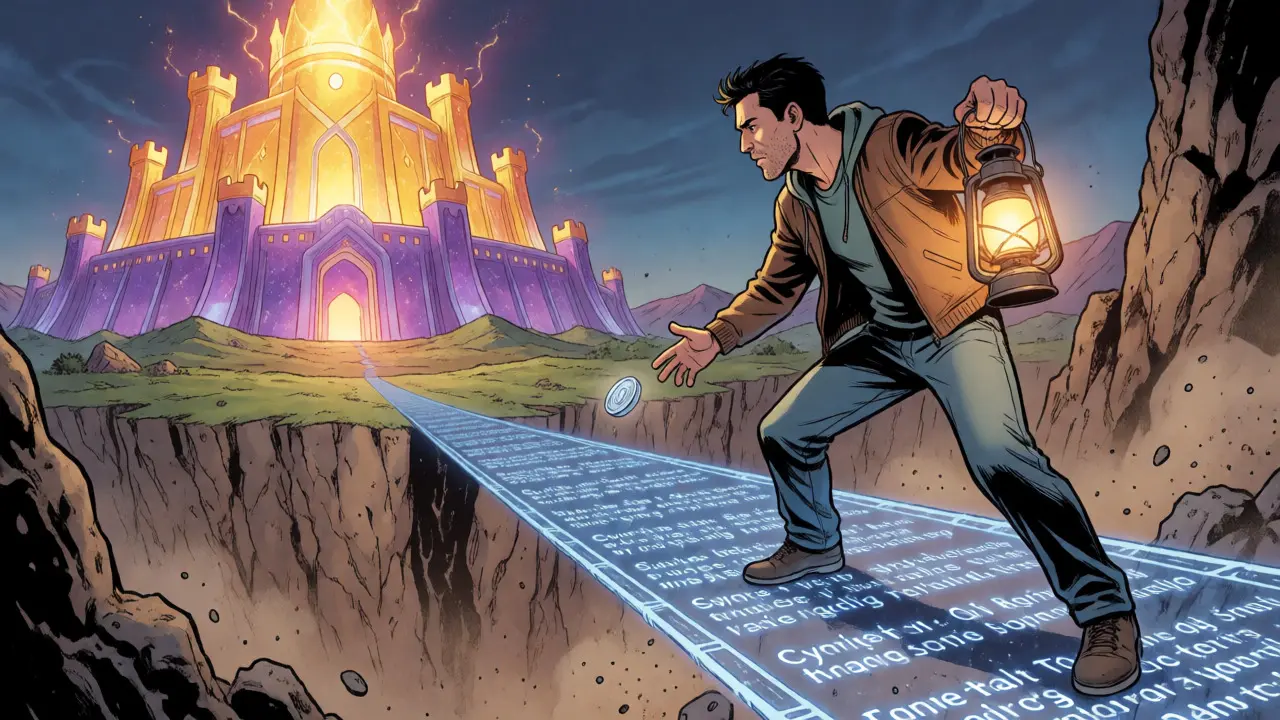 A trader on a fragile bridge facing a deep liquidity canyon, with a distant vibrant exchange fortress.