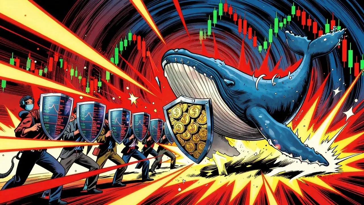 A warrior whale defending against market volatility storms using stablecoin shields in comic art