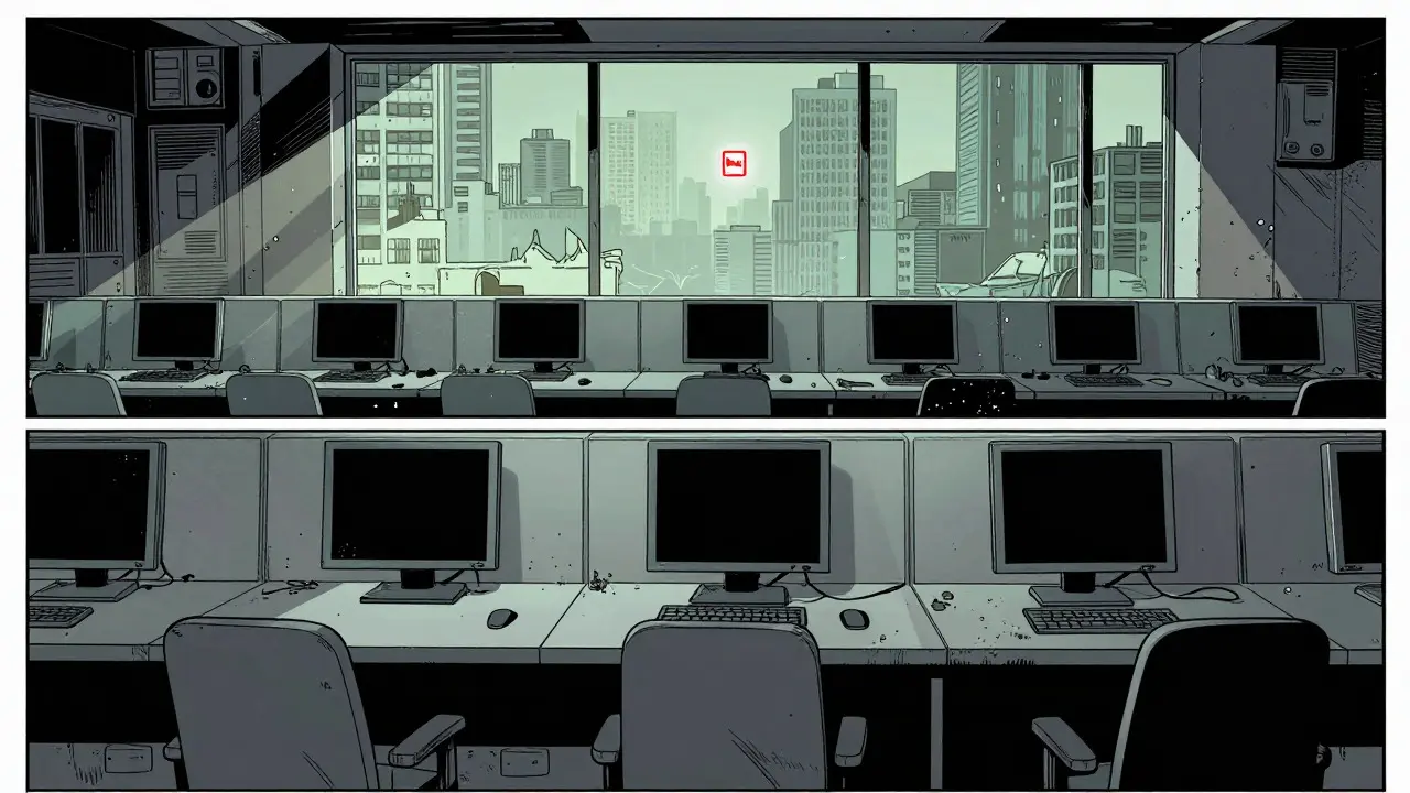 Abandoned office with dark screens symbolizing stalled crypto project
