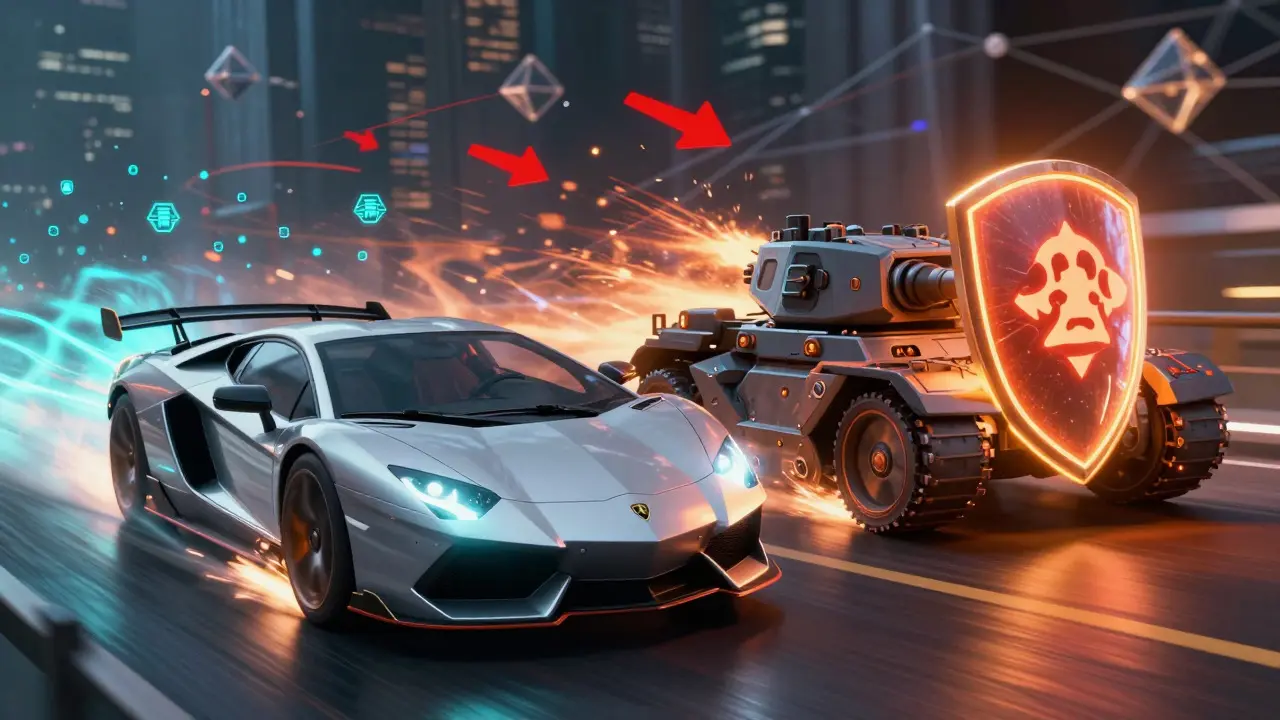 Action comic scene showing a fast sports car racing against a slow armored tank with a shield