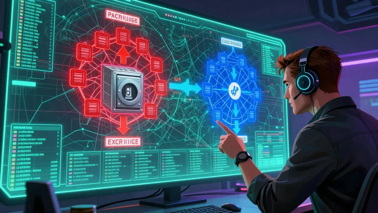 An analyst tracking wallet clusters and exchange flows on holographic screens in a high-tech room
