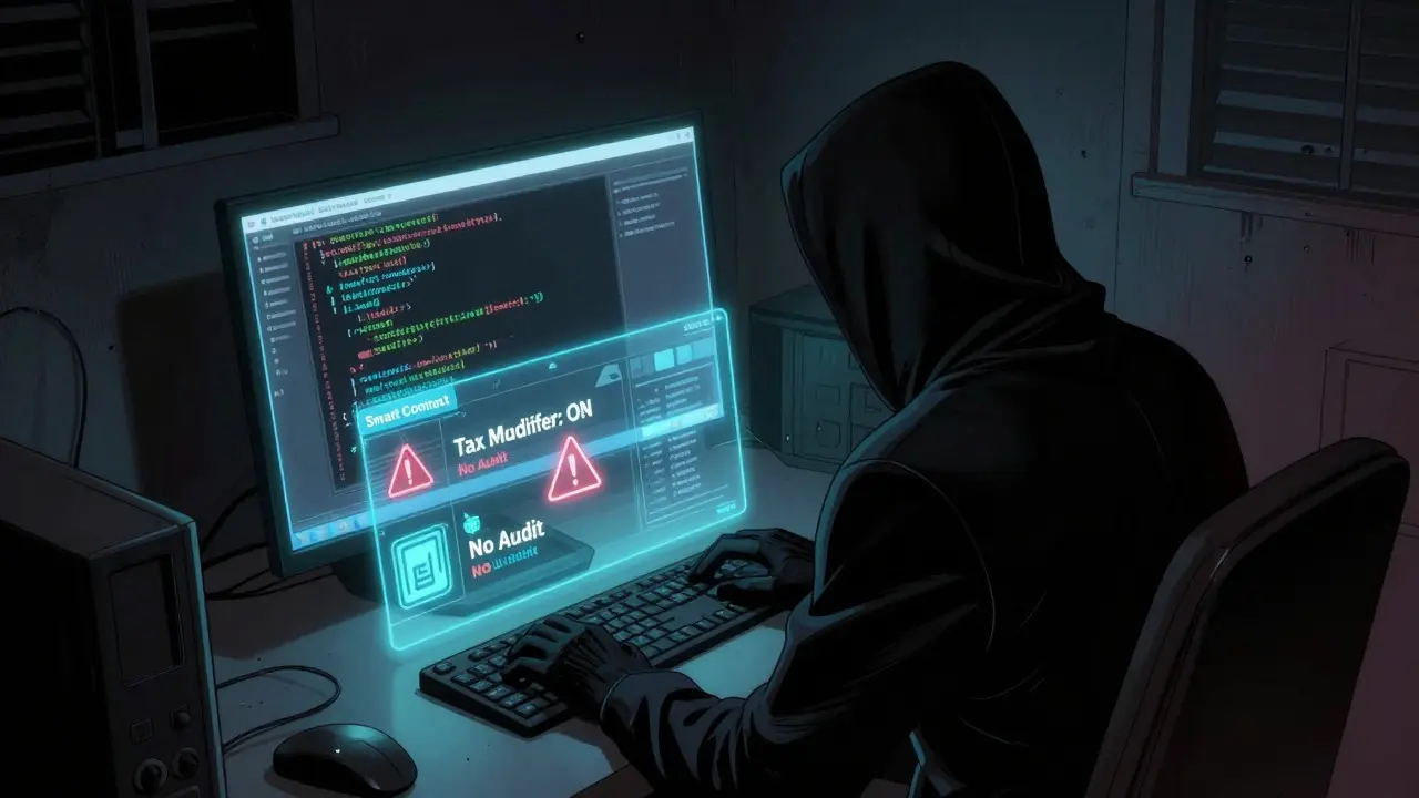 Anonymous developer manipulating smart contract taxes in dark room