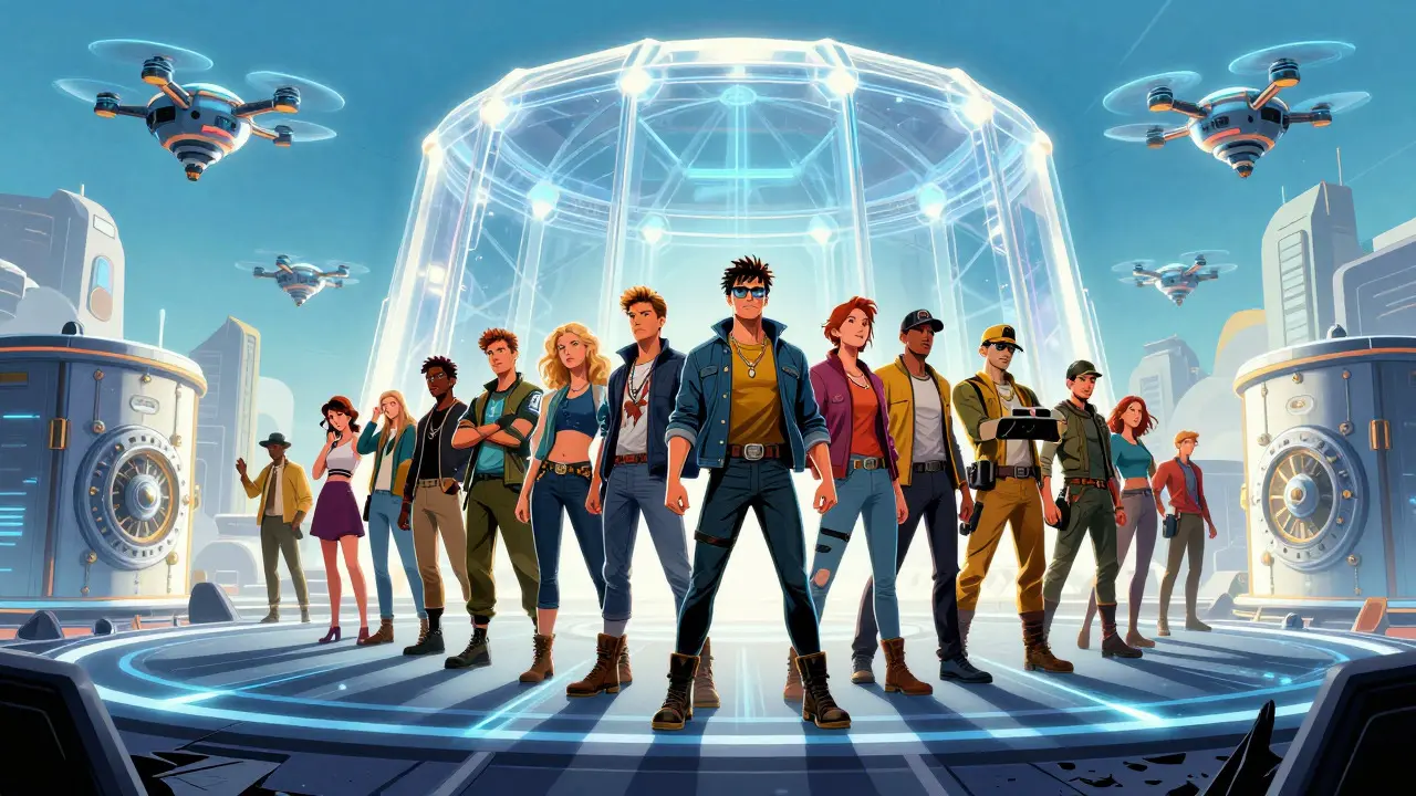Artists protected by a futuristic blockchain dome and smart contracts, Marvel comic style