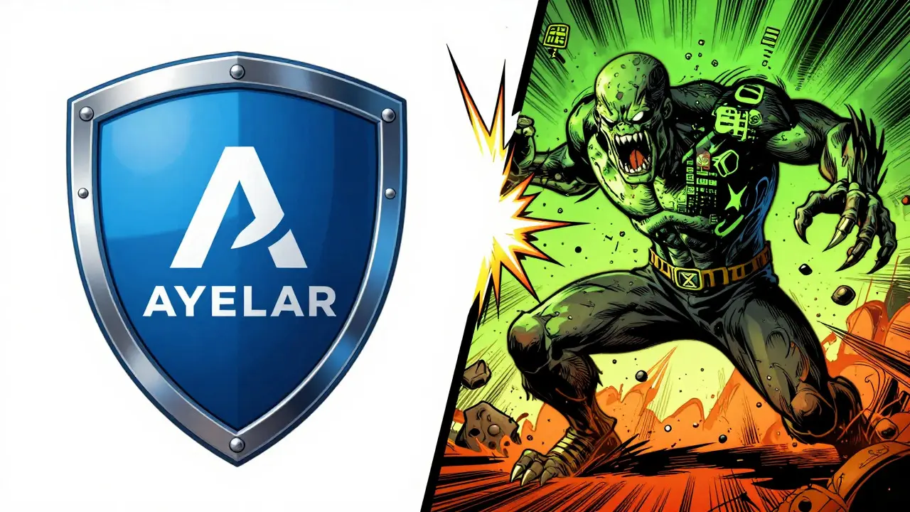 Blue shield defends against glitching monster representing crypto scam