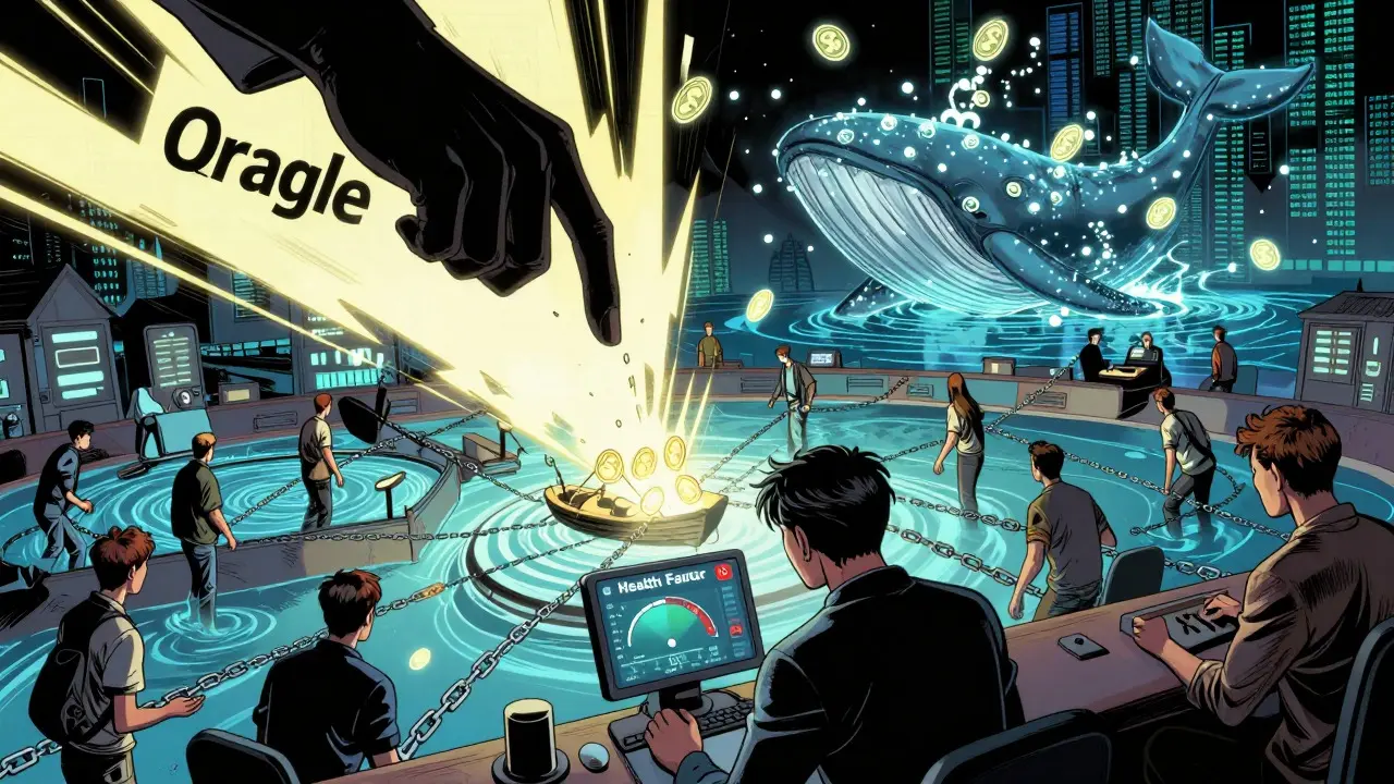 Borrower monitoring health factor amidst a chaotic market crash triggered by oracle manipulation.