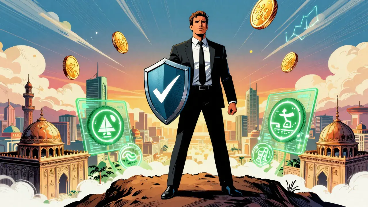 Businessman on peak overlooking digital Pakistan with compliance shield