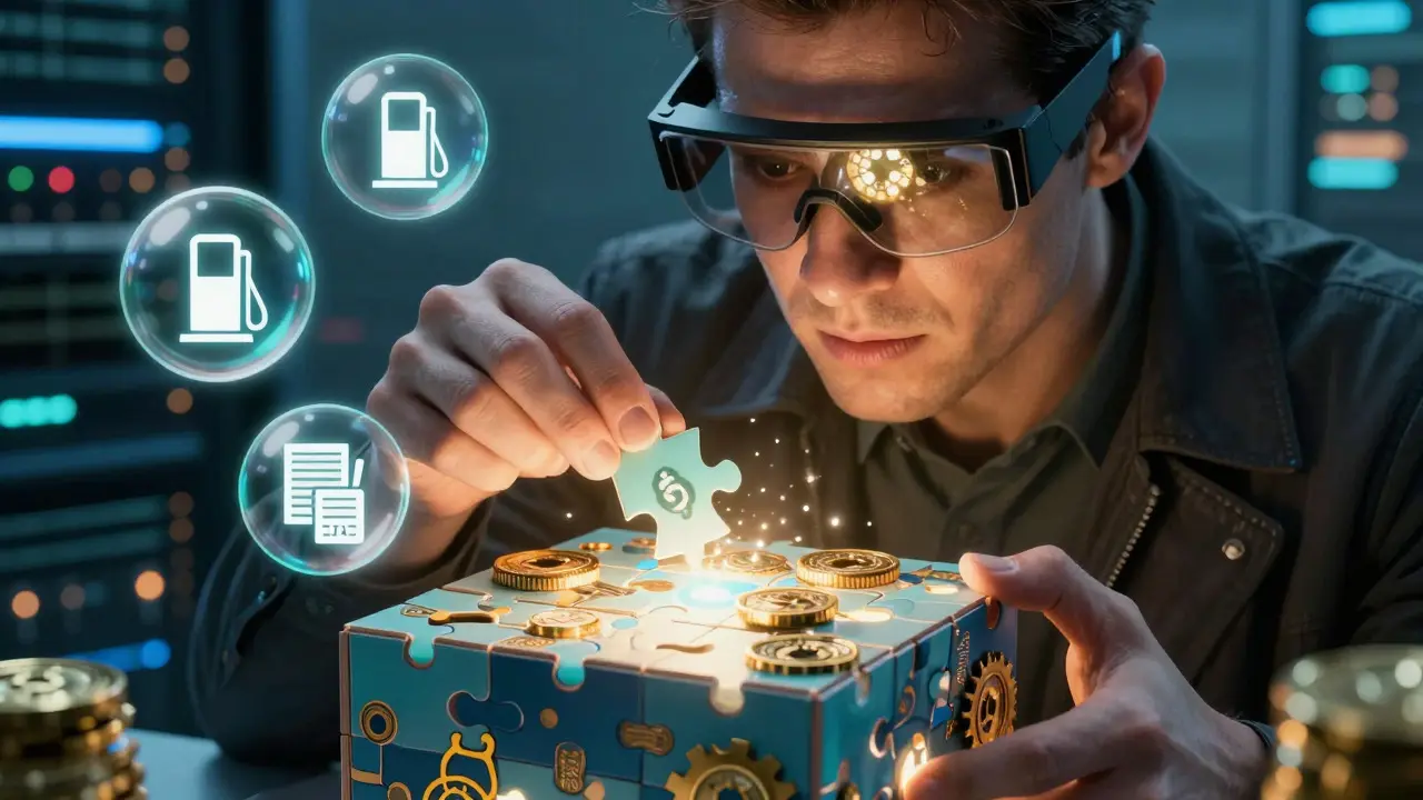 Character solving a glowing puzzle box with floating financial icons