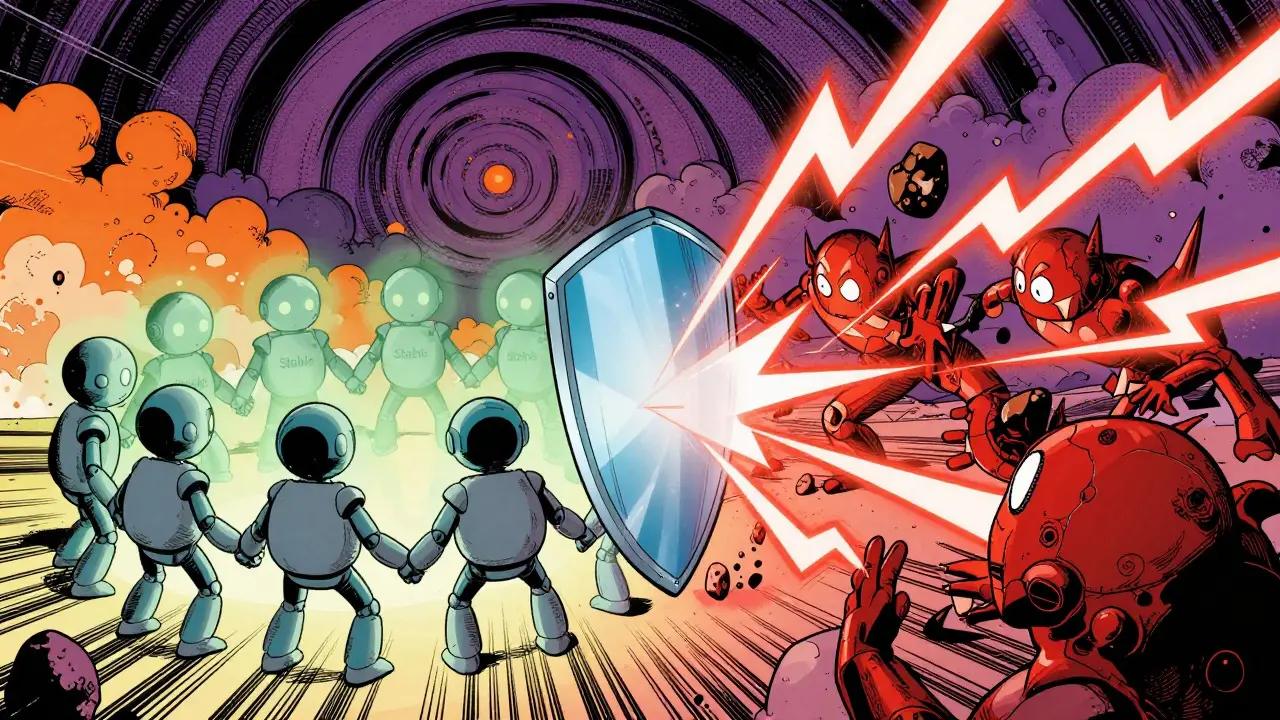 Comic art of robots defending against red lightning bolts in a storm