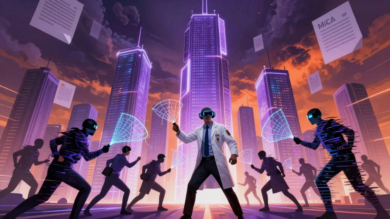Compliance team battling DeFi anonymity in futuristic city