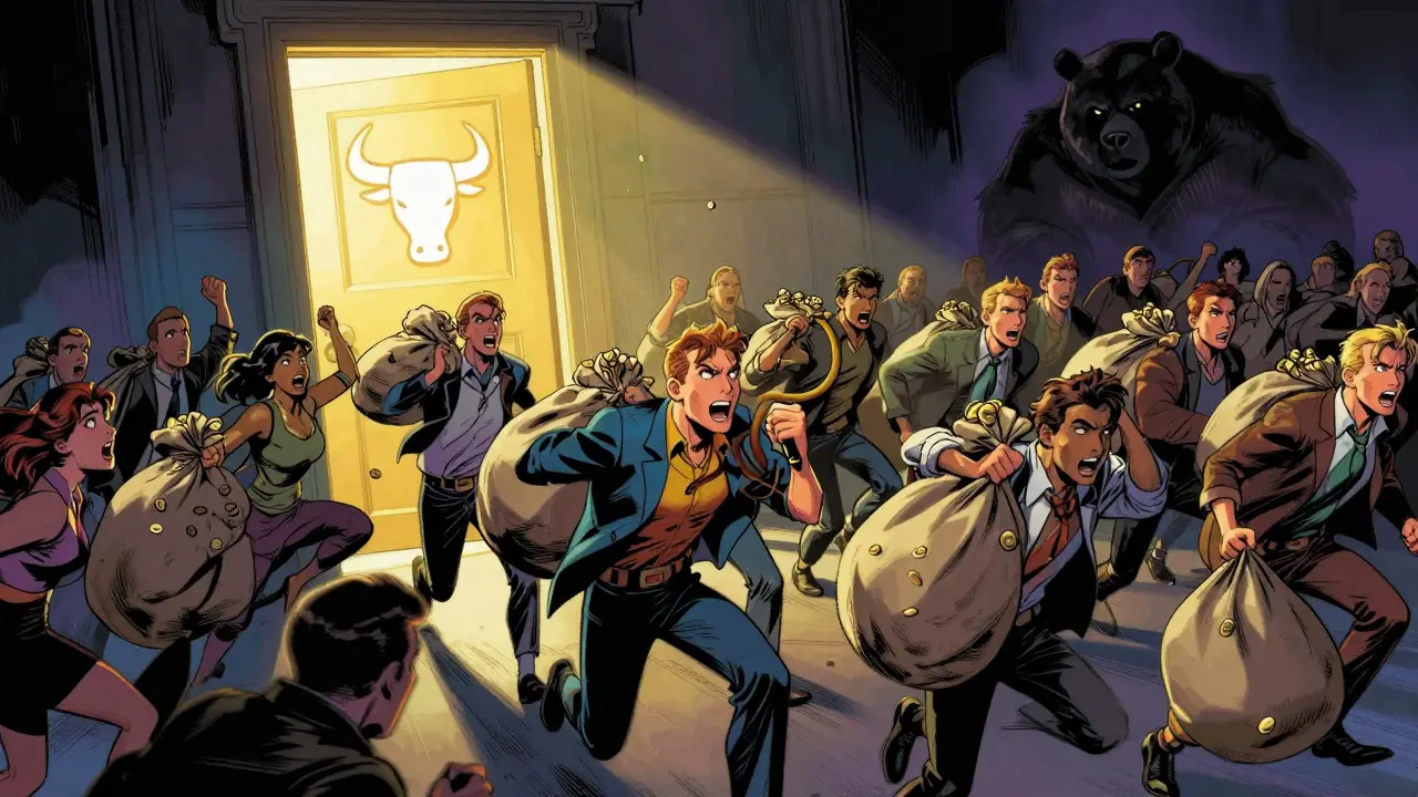 Crowd rushing toward a golden bull door while a bear watches