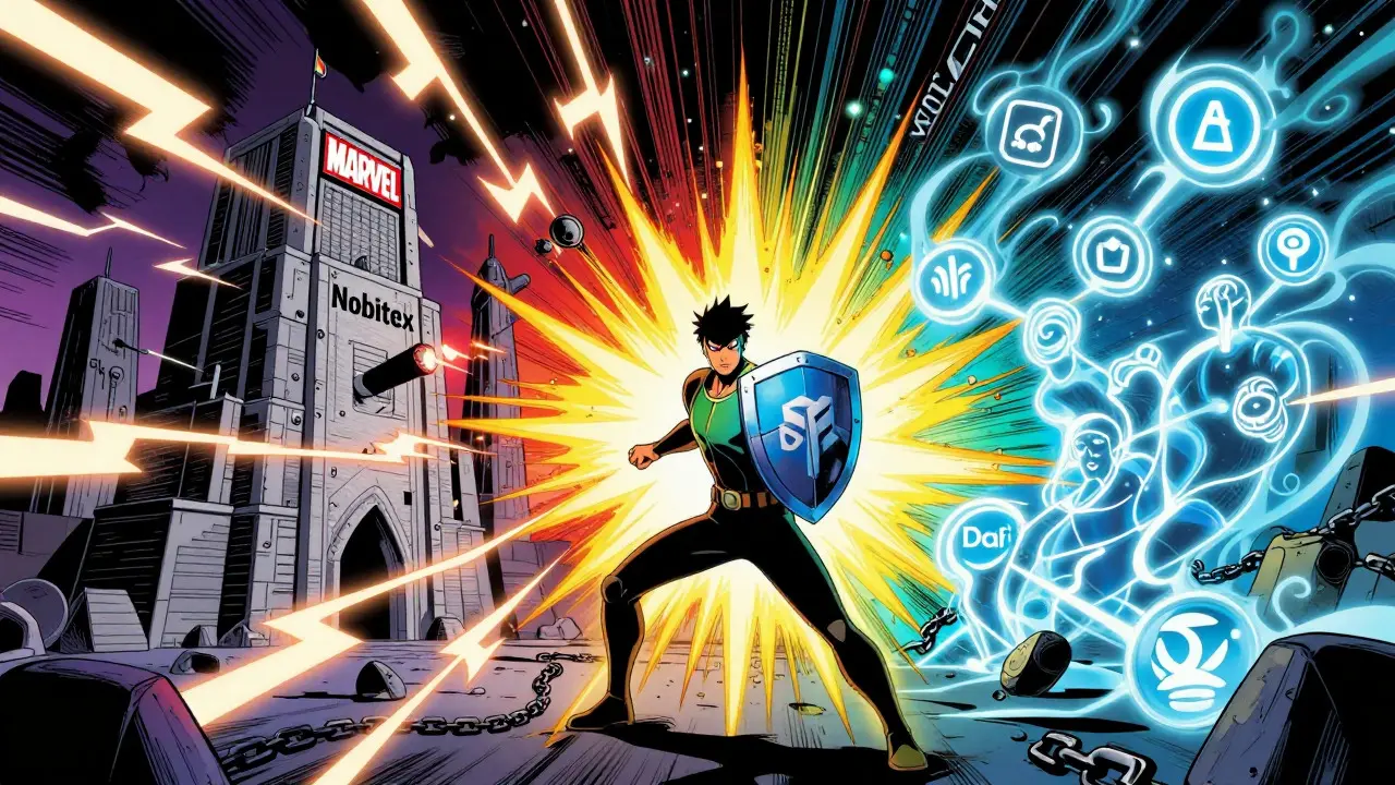 DeFi heroes vs centralized exchange fortress in comic battle scene