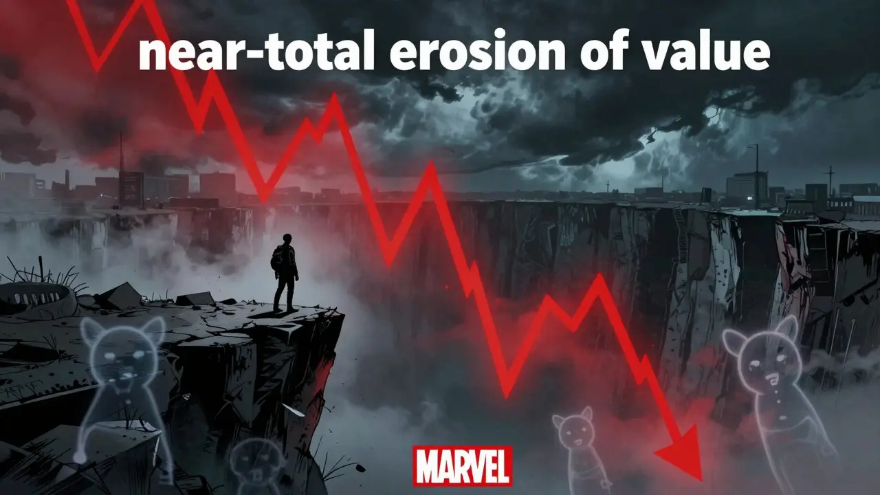 Figure on cliff edge watching price chart crash into red fog
